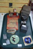 Tray Lot of Miscellaneous Collectibles Including Compacts, Miniature Sewing Machine, etc.