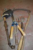 Garden Tools, Sickle, Brass Pump and a Pair of Kne