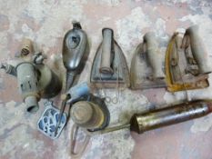 Box Containing Flat Irons, Oil Can, Blow Lamp, etc