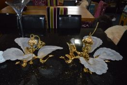 Two Brass Light Fittings with Frosted Glass Shades