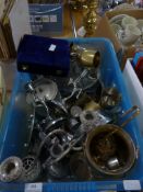 Box of Vintage Metal Ware, Candelabra, etc.