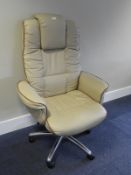 High Back Executive Swivel Chair (Cream Faux Leather with Brown Piping)