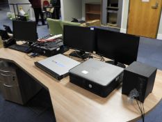 Assorted Computer Hardware Including Three Monitors, Keyboards, Dell Tower, Subwoofer, etc.