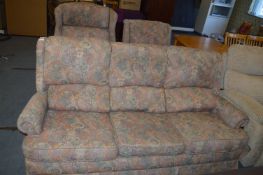 Three Piece Floral Upholstered Suite; Three Seat Sofa and Two Armchairs