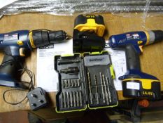 Two Ryobi Cordless Drills and a Box of Drill BIts