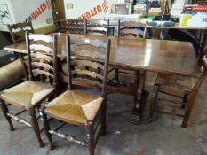 Heavy Oak Dining Table with 6 Rush Seated Chair