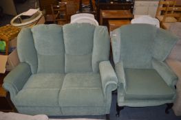 Green Upholstered To Seat Sofa and Matching Armcha