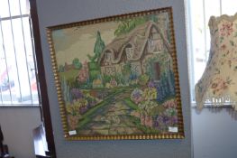 Gilt Framed Woolwork Tapestry - Cottage Garden
