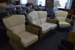 Three Piece Cane Conservatory Suite with Cream Cus