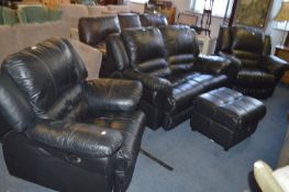 Three Piece Black Leather Reclining Suite with Pou