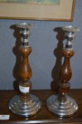 Pair of Chrome & Oak Candle Sticks