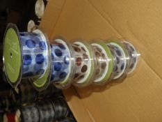 Six Rolls of May Arts White & Blue Spot Ribbon