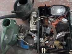 Box of Assorted Tools Including Drills, Watering C