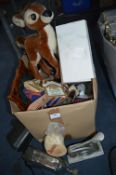 Box of Assorted Household Goods Including Soft Toy