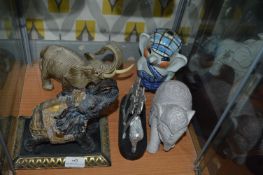 Five Assorted Elephants Including Carved Gilt Elep