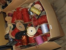 Box Containing Assorted Sequins, Braid, Thread, et
