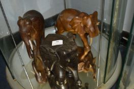 Three Large Wooden Elephants