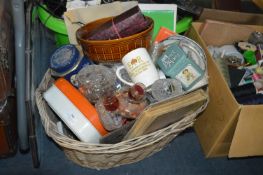 Basket Containing Vintage Pottery, Glassware, Mirr