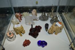 Seventeen Assorted Elephants Including Glass, Ring