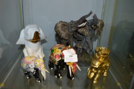 Five Assorted Elephants Including One Brass Elepha