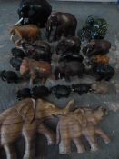 Box of Twenty Two Small Wooden Elephants Including