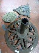 Garden Ornament, Iron Parasol Stand and an Iron Ta