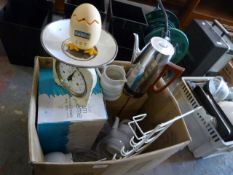 Box of Assorted Kitchenware, Vintage Scales, Steam
