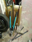 Box of Garden Tools Including Sheers, Pruners, etc
