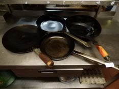 *Two Black Iron Frying Pans, Wok and a Chapati Pan