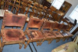 Six Heavy Oak Leather Studded Chairs
