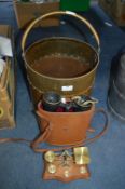 Copper Coal Bucket Containing Binoculars, Scales,