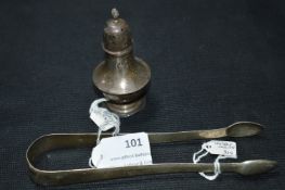 Silver Pepper Pot and a Pair of Silver Sugar Tongs