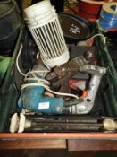 Box Containing Assorted Power Tools, Record Planes, Jaguar Wing Mirror, Car Jacks, Fly Killer, etc.