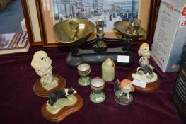 Collectible Items Including Owl Ornaments and Bord