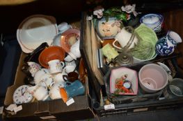 Two Boxes of Assorted Pottery Including Vases, Bow