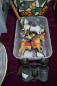 Small Lot of Stressed Lead Animal, and Binoculars