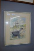 Framed Watercolour - Ship in Harbour