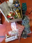 Box of Christmas Decorations Including Trees Ornam