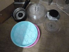 Box Containing Scales, Lids, Cake Stand, etc.