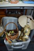 Box of Assorted Lamps, Baskets, etc.