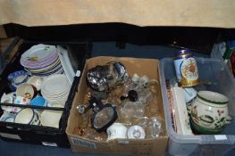 Two Plastic Tubs and a Box of Kitchenware, Plates,