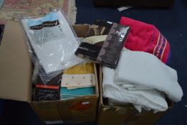 Two Large Boxes of Bed Linen, Towels, Unopened Duv