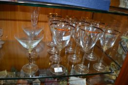 Twelve Gold Rimmed Large Wine Glasses, Two Martini Glasses, etc.