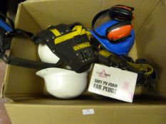*Box of Hard Hats, Earplugs, Dewalt Tool Belt and