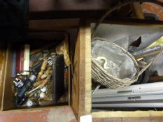 Two Boxes of Flower Pots and Miscellaneous Tools