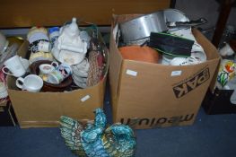 Two Large Boxes of Assorted Kitchenware, Mugs, Pan