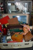 Vintage Suitcase and Contents, Chess Set, Miniatur