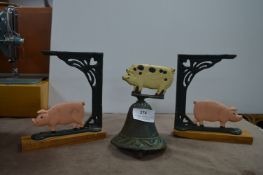 Two Cast Iron Pig Shelf Brackets and a Pig Bel