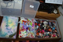 Three Plastic Storage Boxes of Buttons, Feathers a