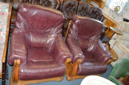Pair of Burgundy Leather Wood Framed Armchairs